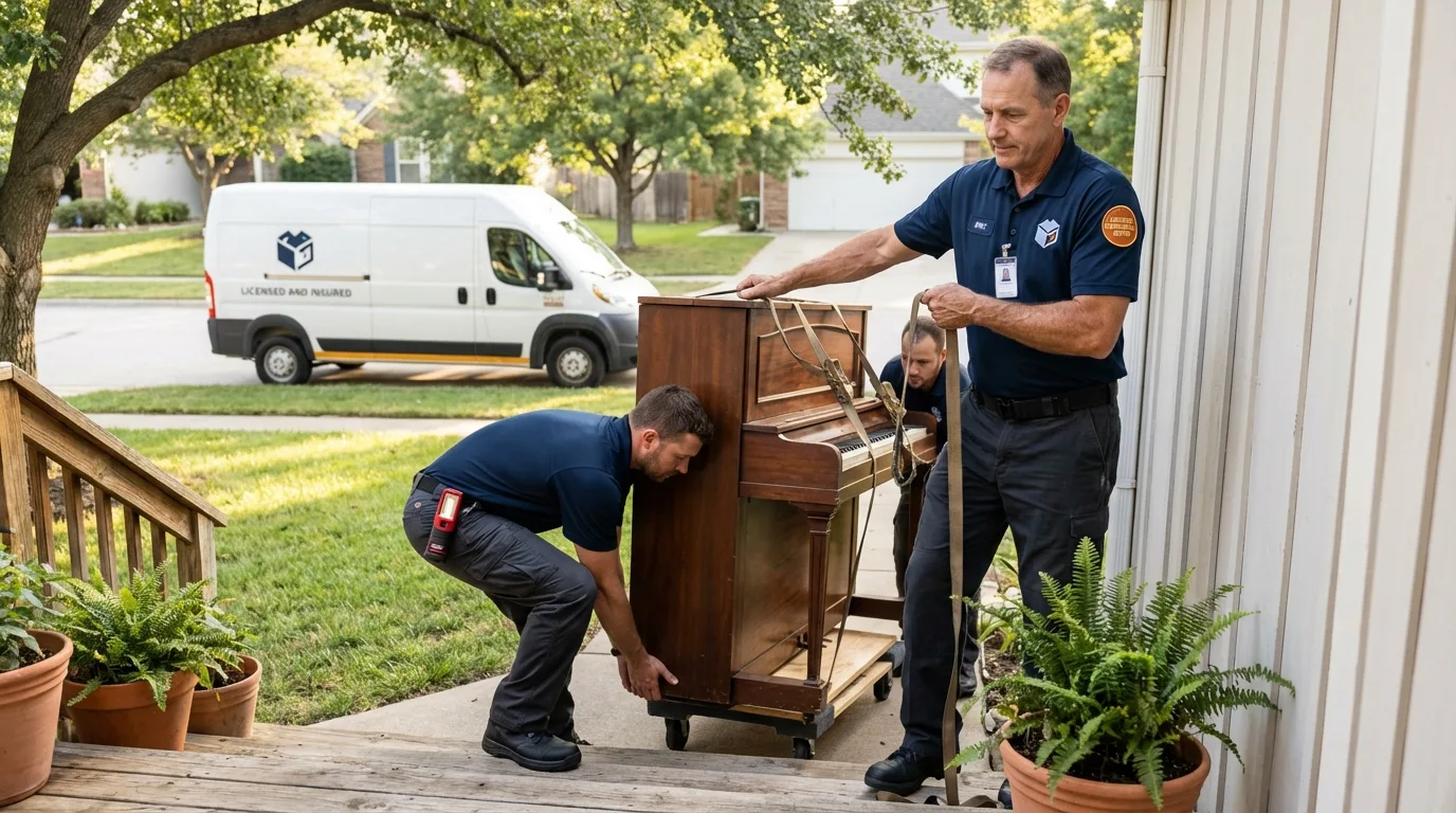 Licensed piano movers securing grand piano in Woonsocket, RI