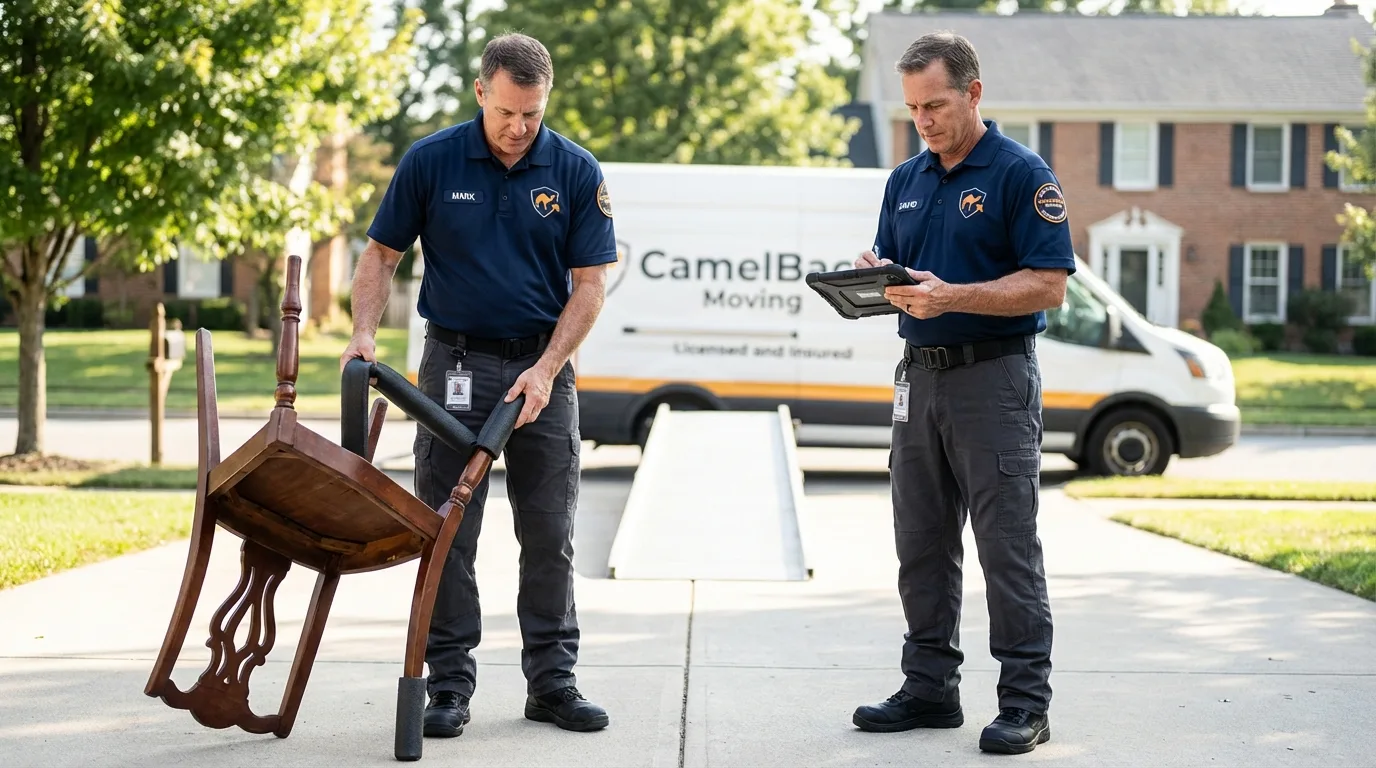 Movers inspecting furniture for damage prevention before loading in Woonsocket, RI