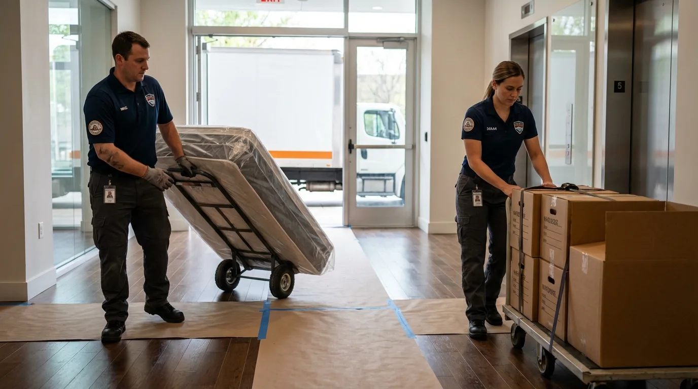 Professional apartment movers loading elevator in Woonsocket, RI