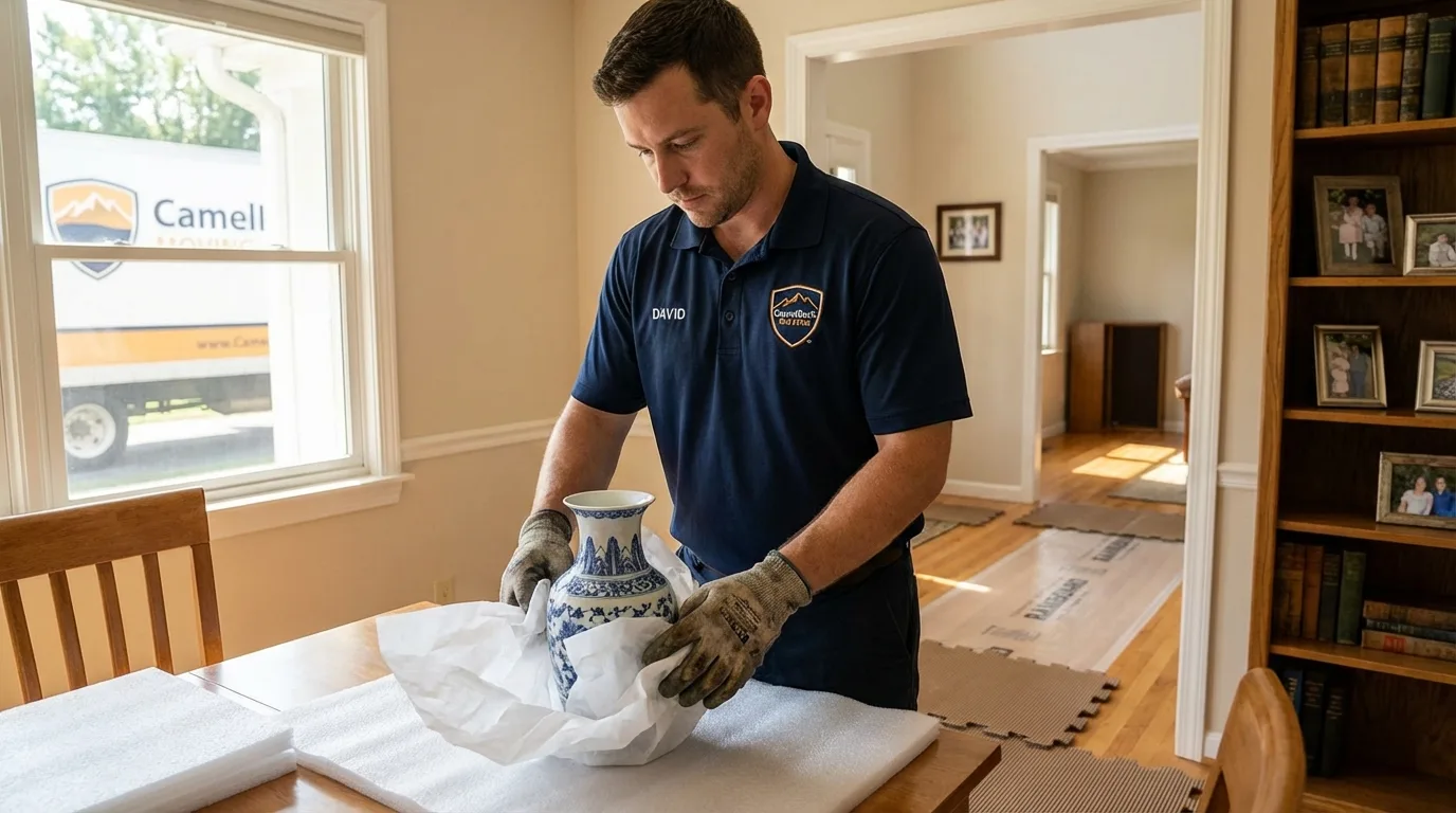 Professional crew carefully wrapping antique vase for senior downsizing move in Woonsocket, RI