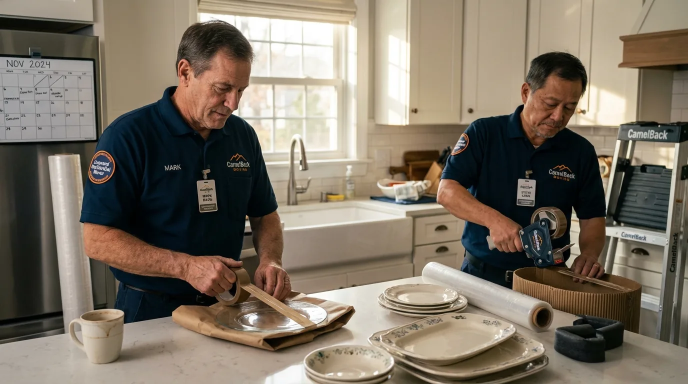 Professional crew packing kitchen dishware in Woonsocket, RI